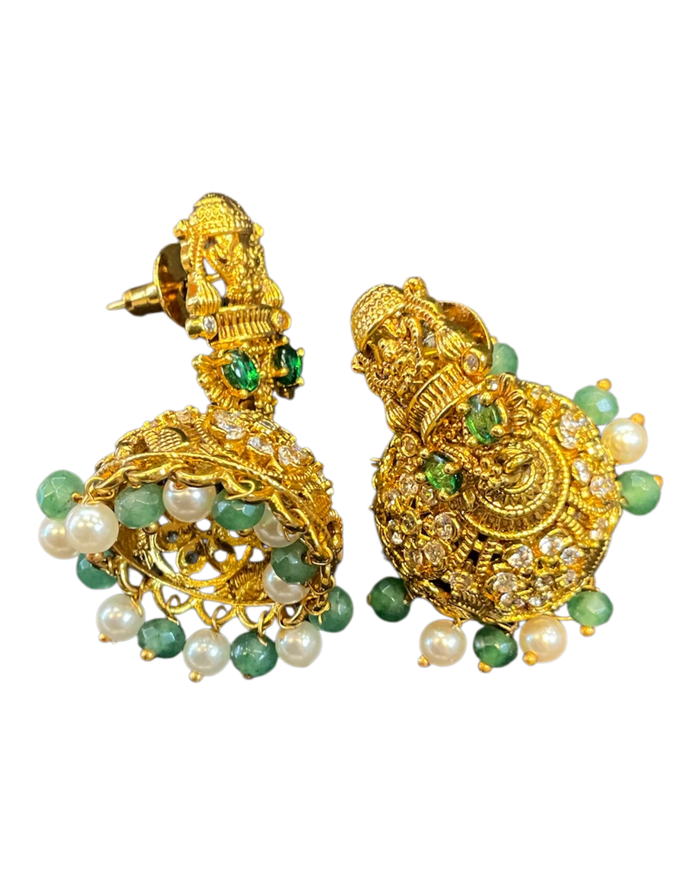 Green - Medium - Antique Gold Finish Traditional Earrings - Bollywood - Weddings - AE2611 P