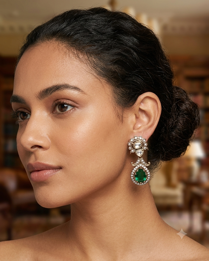 Green - Small - Antique Gold Finish Traditional Earrings - Bollywood - Weddings - 15ER715 07J26