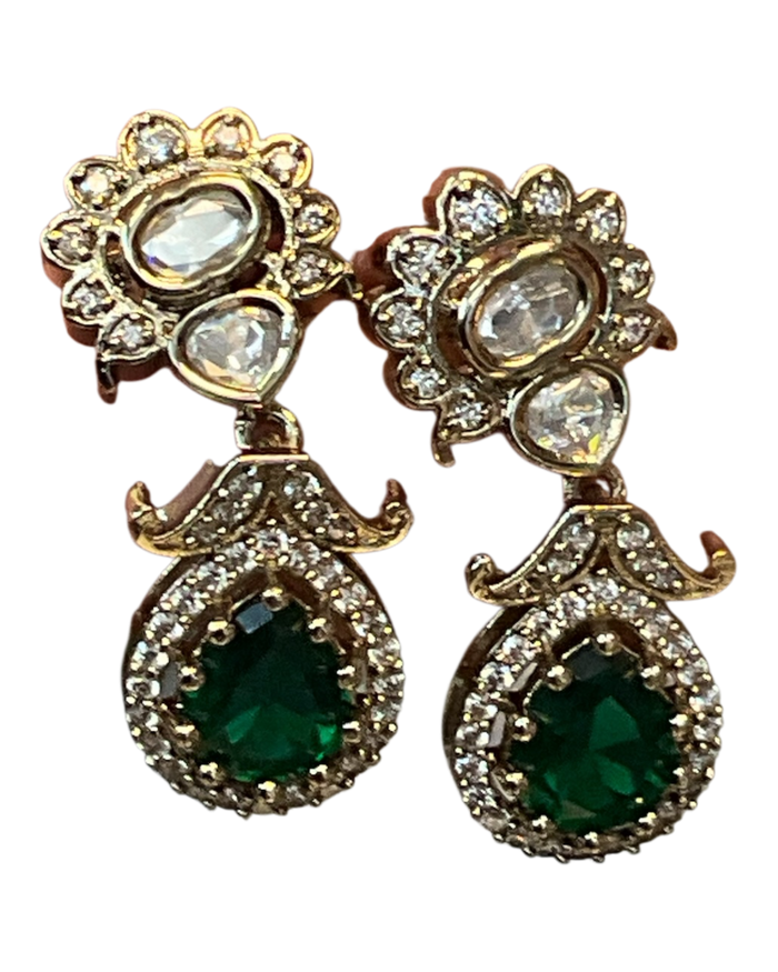 Green - Small - Antique Gold Finish Traditional Earrings - Bollywood - Weddings - 15ER715 07J26