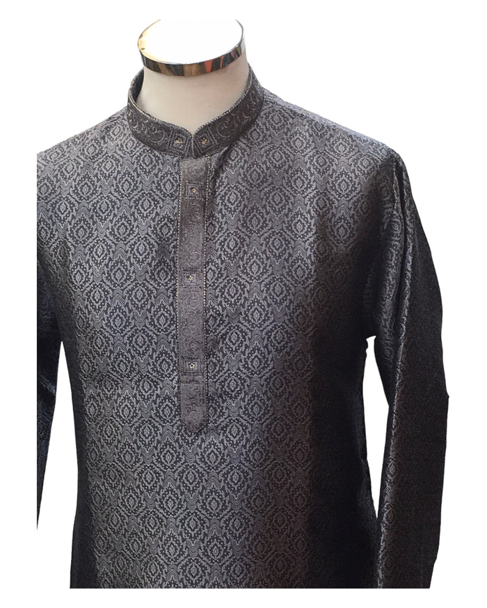 Grey - Handloom Self Brocade Mens Indian Kurta set - Weddings / Walimas , Sangeet, Eid, Mehndi / Henna - KCS2405 08KP24