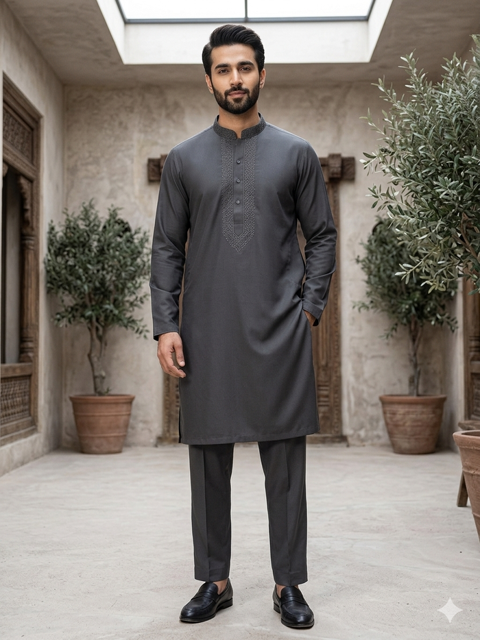 Grey - Soft Silky Mens Kurta Set with Neck Thread Embroidery- Sangeet Mehendi Haldi - KCS2001 06KH26