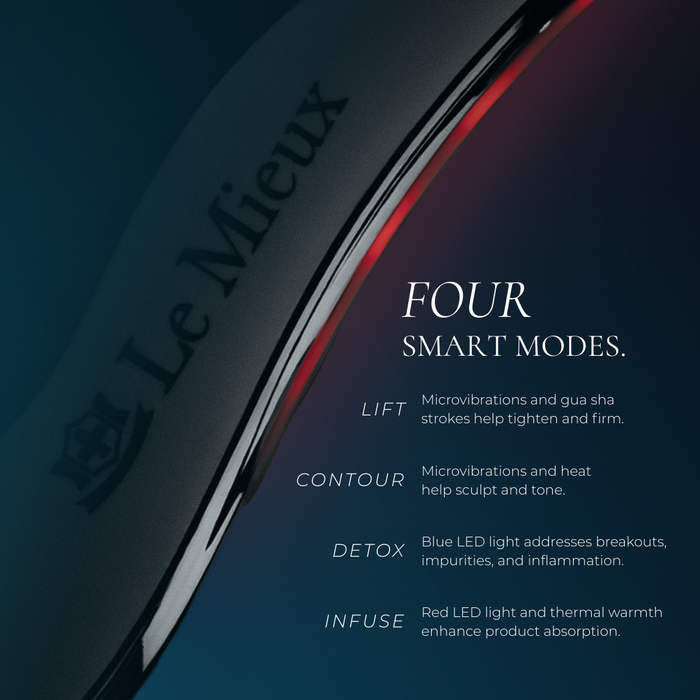 Gua Sha device with text detailing four smart modes on a dark background