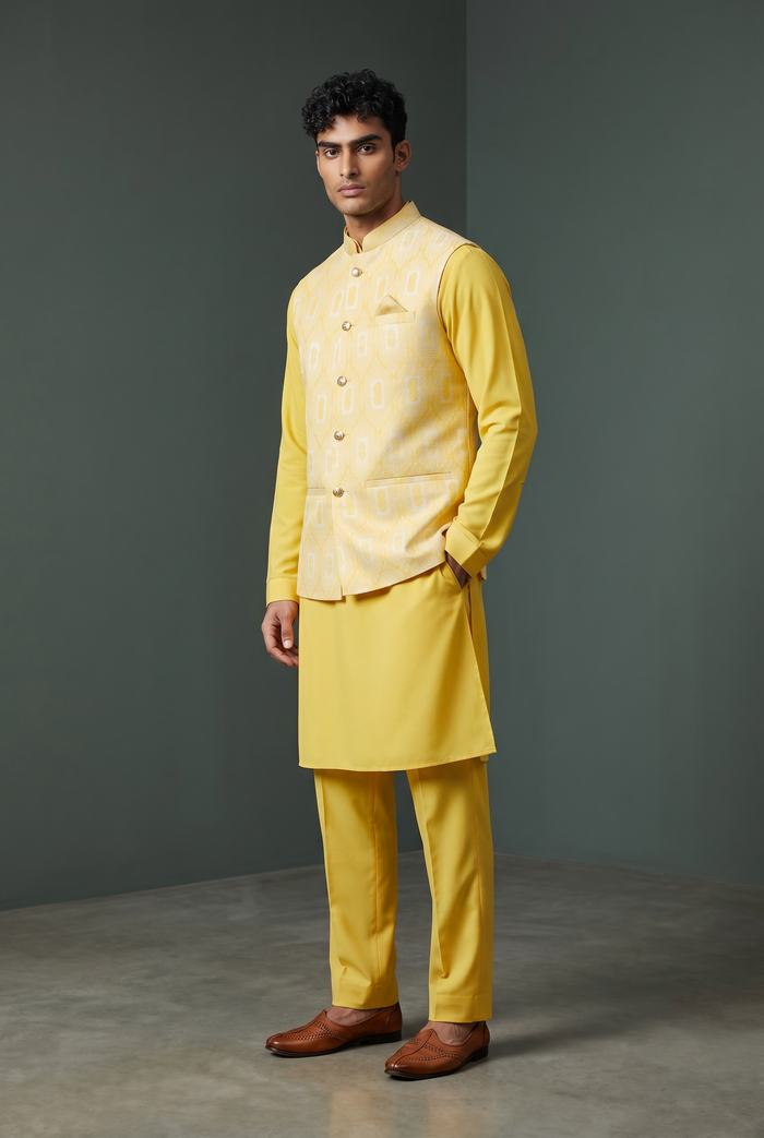 Haldi Yellow - Mens Kurta Set with Rich Brocade Waistcoat  - UK Stock - Quick Dispatch - SHU2603 05VV26