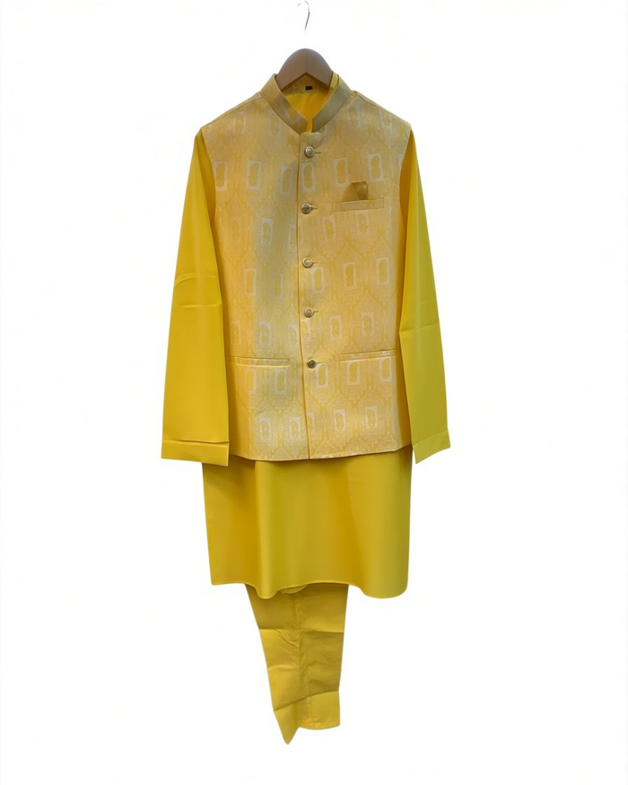 Haldi Yellow - Mens Kurta Set with Rich Brocade Waistcoat  - UK Stock - Quick Dispatch - SHU2603 05VV26