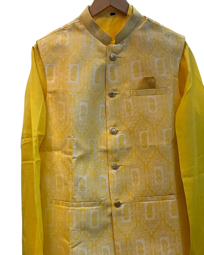 Haldi Yellow - Mens Kurta Set with Rich Brocade Waistcoat  - UK Stock - Quick Dispatch - SHU2603 05VV26