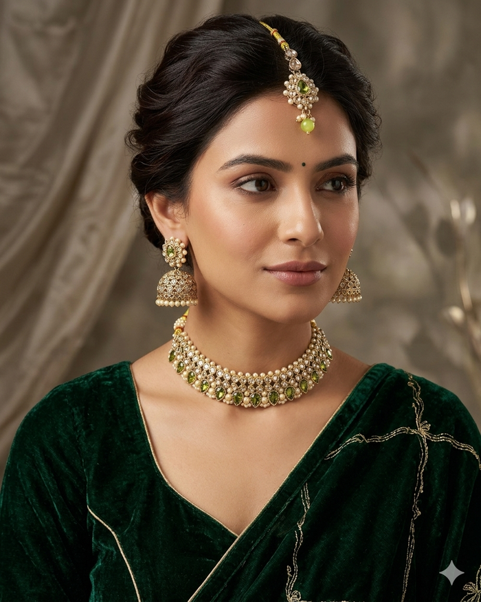 Henna Green - Medium Size Antique Gold Finish Necklace Set with Earrings & Head Piece - 6NS449 04H26