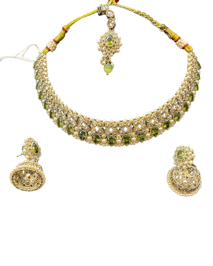 Henna Green - Medium Size Antique Gold Finish Necklace Set with Earrings & Head Piece - 6NS449 04H26