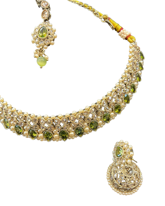 Henna Green - Medium Size Antique Gold Finish Necklace Set with Earrings & Head Piece - 6NS449 04H26