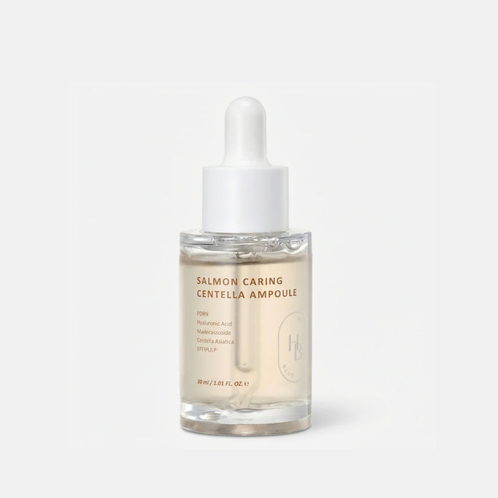 HEVEBLUE Salmon Caring Centella Ampoule 30mL is a Korean serum designed for intensive soothing, barrier repair, and deep hydration. It is particularly favored for sensitive, reactive, or acne-prone skin due to its high concentration of calming ingredients.