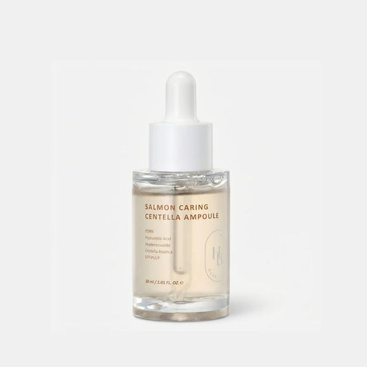 HEVEBLUE Salmon Caring Centella Ampoule 30mL is a Korean serum designed for intensive soothing, barrier repair, and deep hydration. It is particularly favored for sensitive, reactive, or acne-prone skin due to its high concentration of calming ingredients.