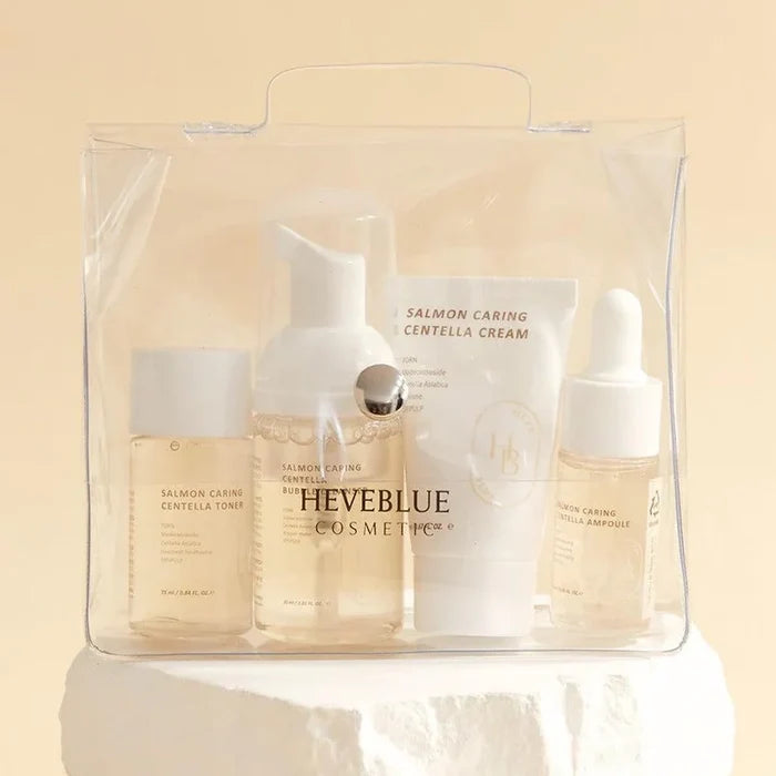 HEVEBLUE Salmon Caring Centella Special Travel Kit Bag is a compact, travel-friendly Korean skincare set designed to&nbsp;soothe, hydrate, and strengthen the skin barrier wherever you go. Featuring HEVEBLUE’s signature Salmon PDRN and Centella Asiatica, this all-in-one kit delivers a complete routine in convenient mini sizes—perfect for maintaining healthy, balanced skin on the move.
