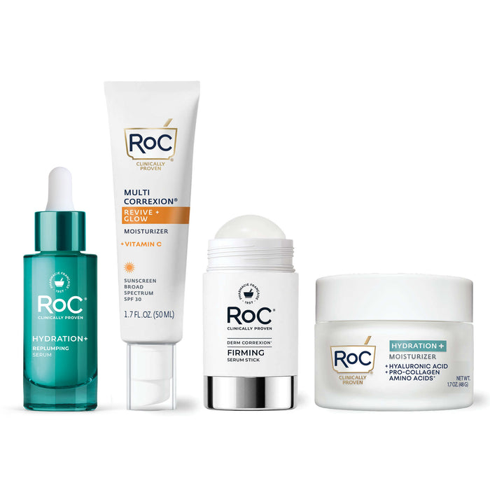 RoC skincare products (Hydration+ Serum, Revive + Glow Moisturizer SPF, Derm Correxion Firming Serum Stick, Hydration+ Moisturizer)