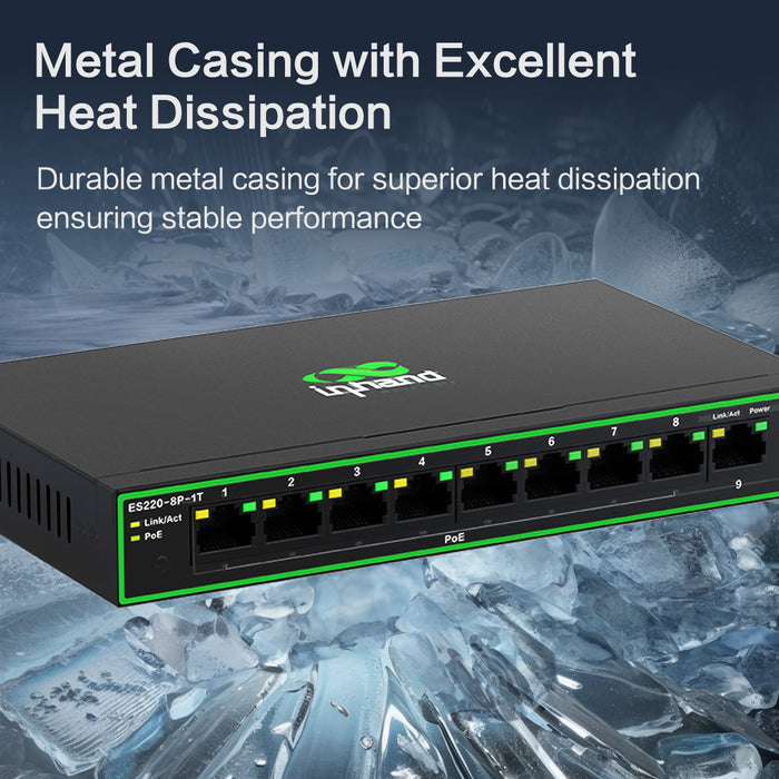 InHand ES220-8P-1T 9-Port High-Power PoE+ Unmanaged Switch | 8 PoE Ports with 120W Total Output | Fanless Metal Case for High-Density CCTV & AP Deployment