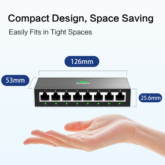 InHand ES220-8T 8-Port Unmanaged Gigabit Switch | Plug and Play Network Extender | Fanless Metal Casing for Business, Office & Home Network