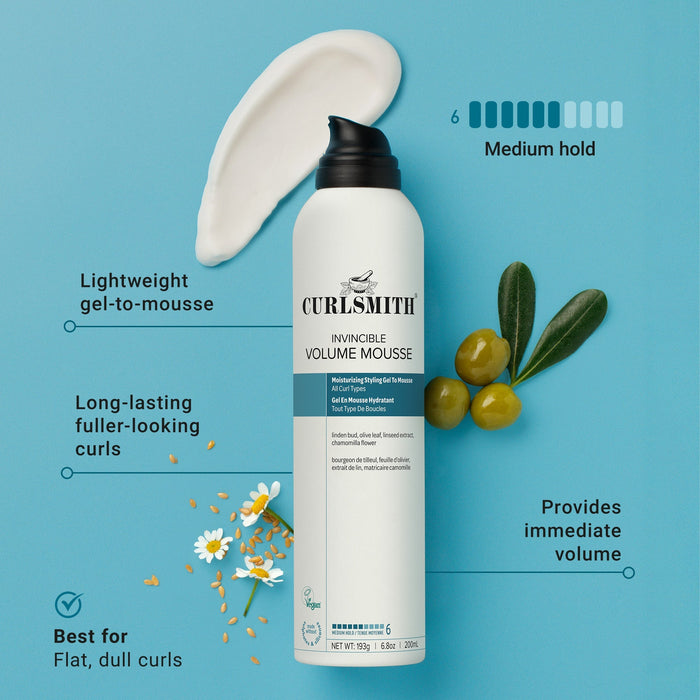 Curlsmith Invincible Volume Mousse bottle with product features on a blue background