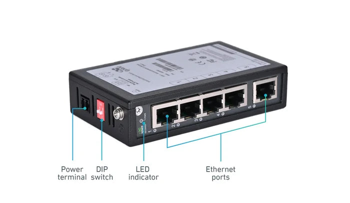 ISE2005D | 5-Port Unmanaged Industrial Ethernet Switch with Certificate of UL, CE, FCC, 5*10/100 Base-T(X) RJ45 Ports, DIN-Rail Mounting, 2-Pin Anti-Reverse Terminal, QoS, BSP, Plug and Play