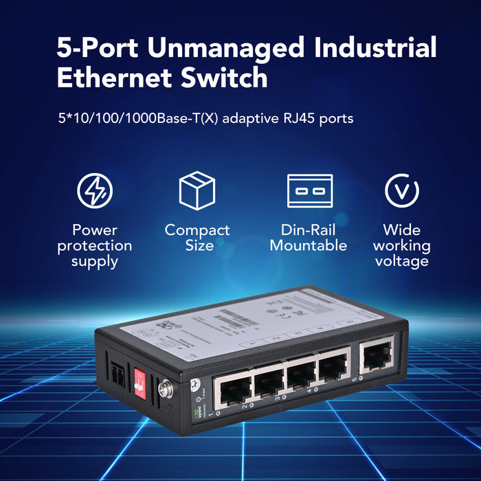 ISE2005D | 5-Port Unmanaged Industrial Ethernet Switch with Certificate of UL, CE, FCC, 5*10/100 Base-T(X) RJ45 Ports, DIN-Rail Mounting, 2-Pin Anti-Reverse Terminal, QoS, BSP, Plug and Play