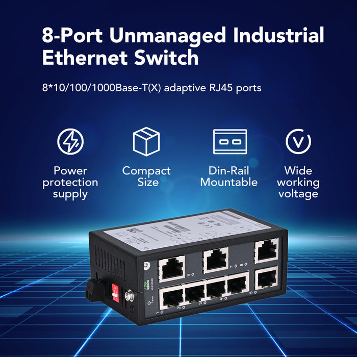 ISE2008D | 8-Port Unmanaged Industrial Ethernet Switch with Certificate of UL, CE, FCC, 8*10/100 Base-T(X) RJ45 Ports, DIN-Rail Mounting, 2-Pin Anti-Reverse Terminal, QoS, BSP, Plug and Play