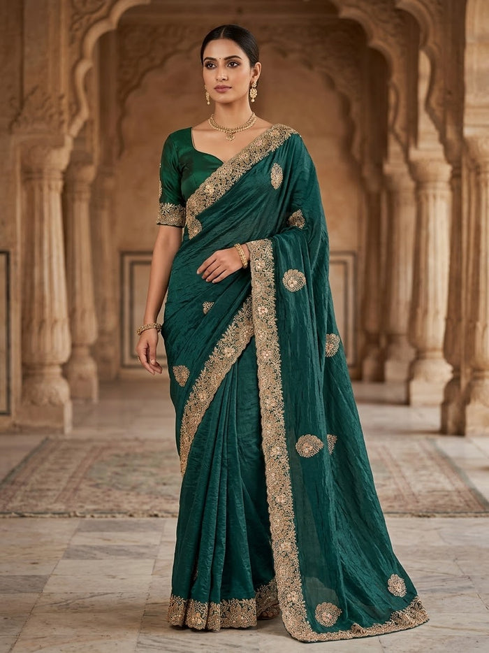 Jade Green - Saree with Thread / Stone Work and Blouse Piece - UK stock - 24hr Dispatch - SP2614 VJ