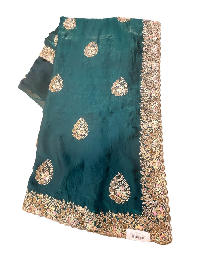 Jade Green - Saree with Thread / Stone Work and Blouse Piece - UK stock - 24hr Dispatch - SP2614 VJ