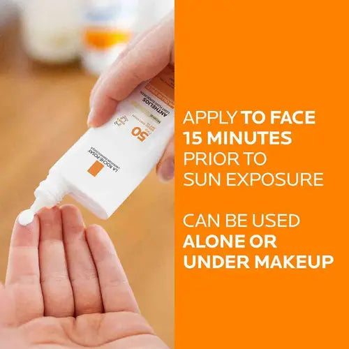Person applying sunscreen to hand with text on an orange background
