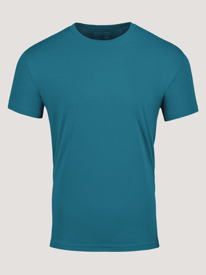 Soft StratuSoft™ cotton poly blend fabric in teal blue crew neck tee