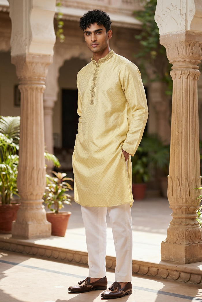 Lemon / Light Yellow - Banarasi Brocade Mens Indian Kurta Set - Weddings / Walimas , Sangeet, Eid, Mehndi / Henna - KCS1108 KH 0225