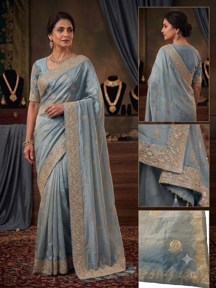 Light Blue - Saree with Thread / Stone Work and Blouse Piece - UK stock - 24hr Dispatch - SP2613 VY