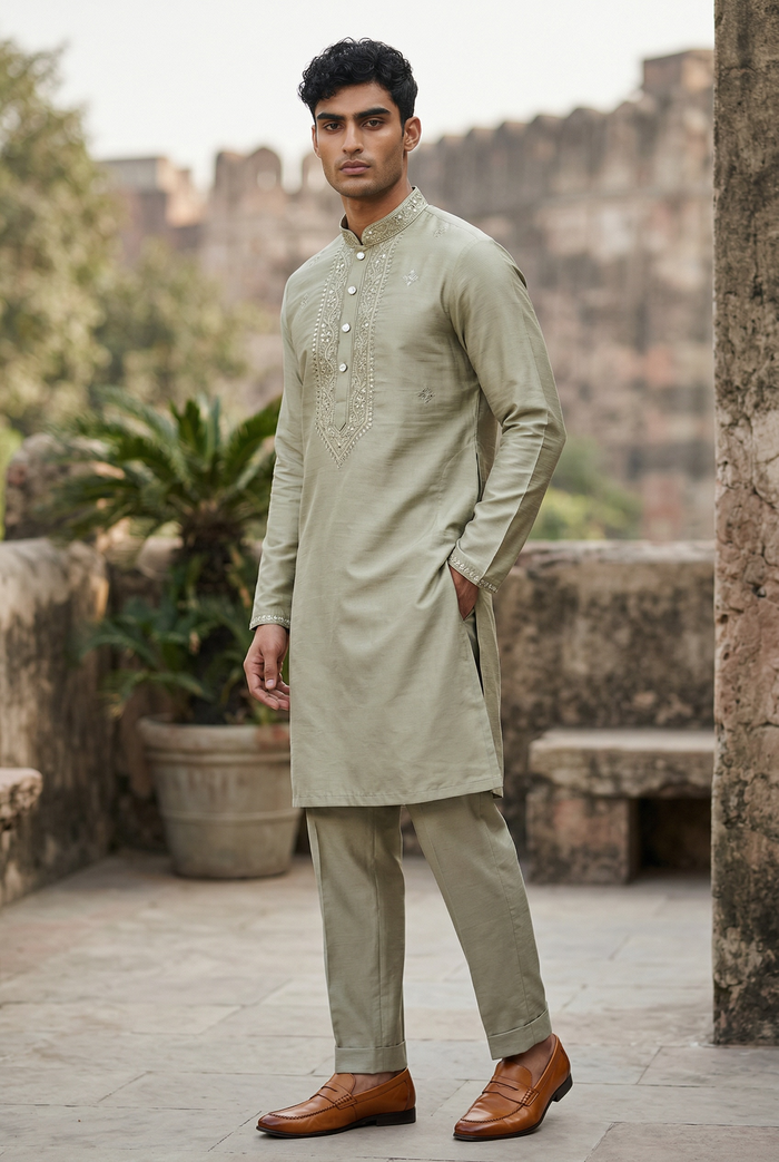 Light Green - Soft Threadwork Mens Indian Kurta Set - Weddings / Walimas , Sangeet, Eid, Mehndi / Henna - KCS1080 KC 0225