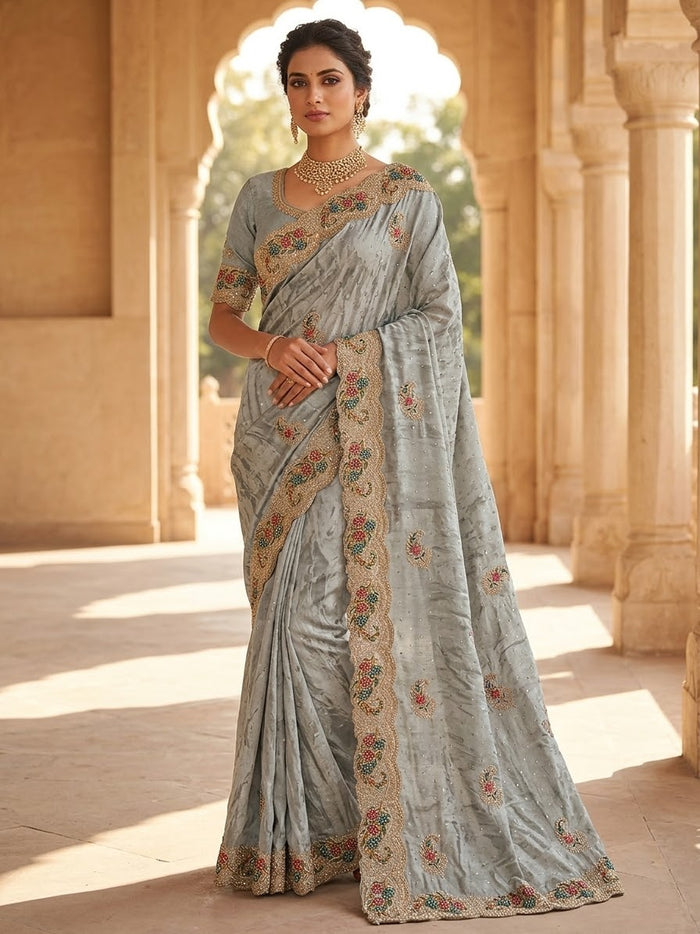 Light Grey - Fancy Party Saree with Blouse Piece - UK stock - 24hr Dispatch - SP2610 VK