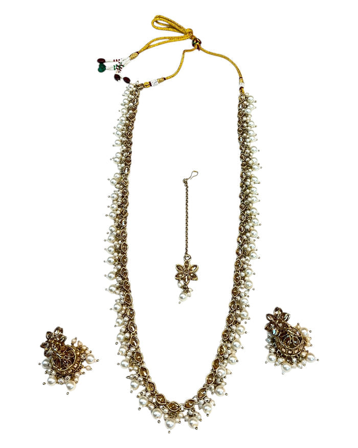 Light Pearl - Medium Size Antique Gold Finish Long Necklace Set with Earrings - RAK411 H 0525