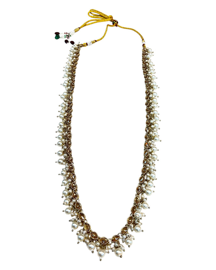 Light Pearl - Medium Size Antique Gold Finish Long Necklace Set with Earrings - RAK411 H 0525