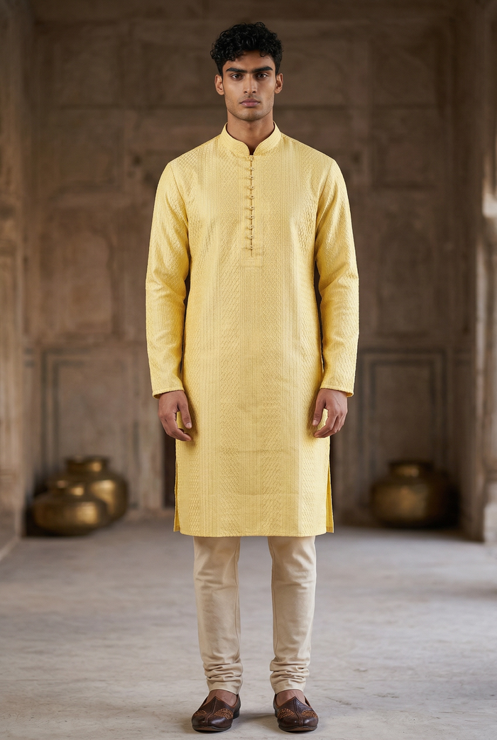 Light Yellow - Fantastic Mens Indian Kurta set - Weddings / Walimas , Sangeet, Eid, Mehndi / Henna - NAD2504 01KR25