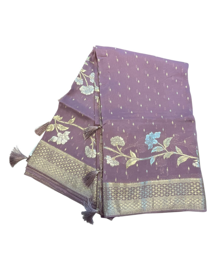Lilac - Handloom  - Chiffon Banarasi Saree with Blouse Piece - JOH1609 10TV25