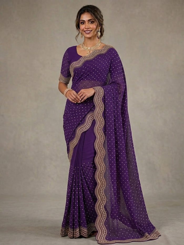Lilac - Saree with Thread / Stone Work and Blouse Piece - UK stock - 24hr Dispatch - SP2611 VP