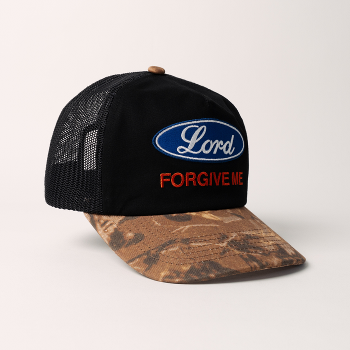 Lord Forgive Me Camo/Blk (Unstructured Mesh Trucker)
