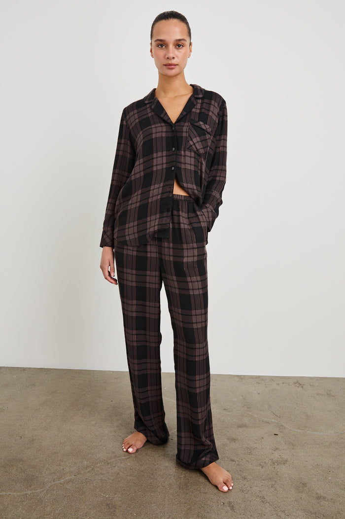 Luna Long Sleeve Button Down And Pants with Lurex Detailing In Colorway Bronze Mauve Pitch - Full Front Body VIew Featured On Model