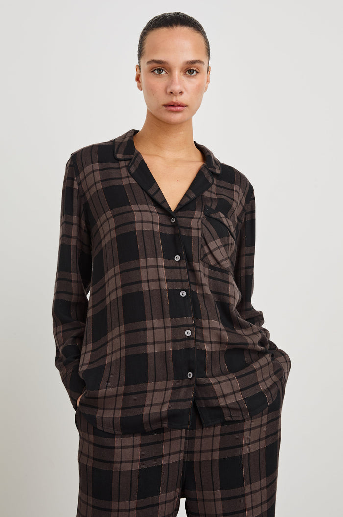 Luna Long Sleeve Button Down And Pants with Lurex Detailing In Colorway Bronze Mauve Pitch - Front View On Model