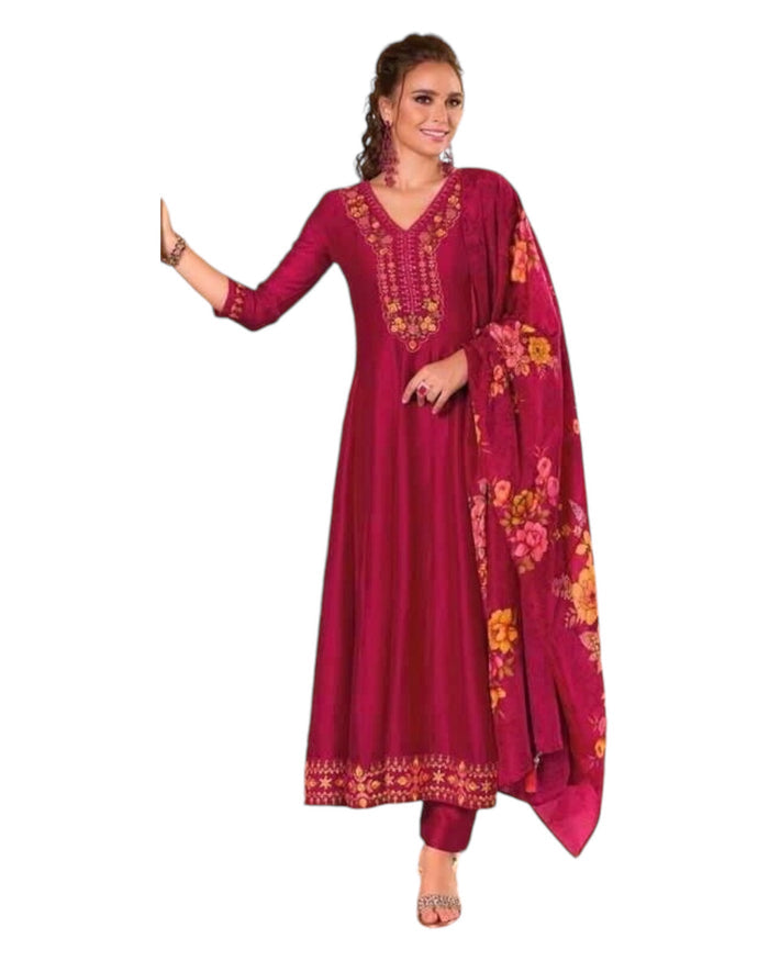 Magenta - Simple / Classy Ladies Indian Trousers Suit with Printed Dupatta - Size 12 (38") - LL22604 VV 1024