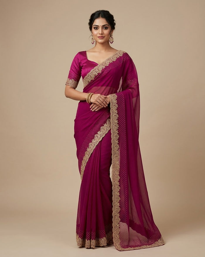 Magenta  / Rani - Saree with Thread / Stone Work and Blouse Piece - UK stock - 24hr Dispatch - SP2612 KR