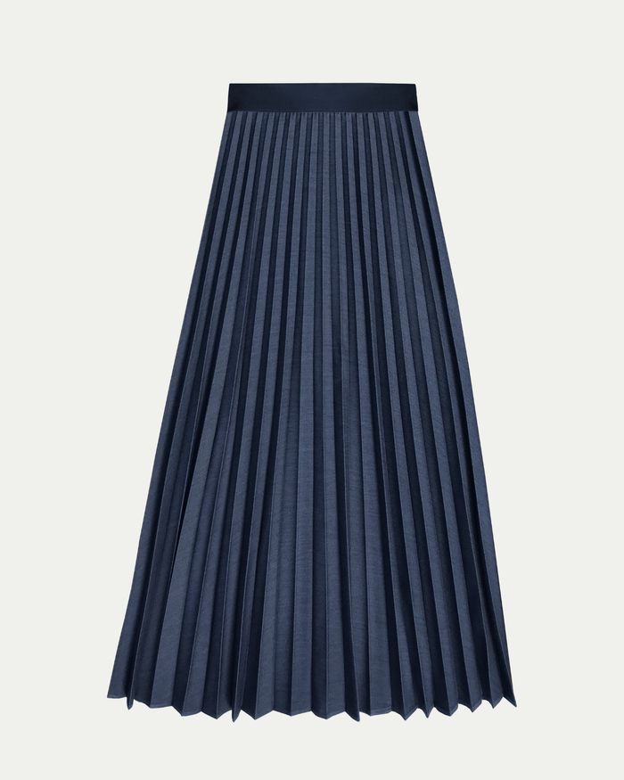 Marilyn Accordion-Pleated Midi Skirt in Denim