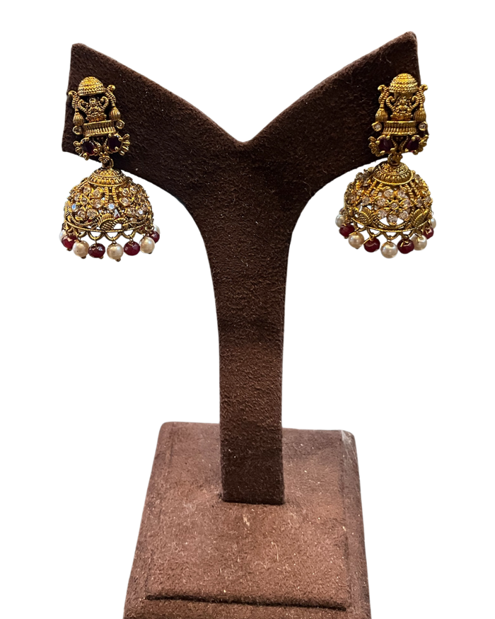 Maroon - Medium - Antique Gold Finish Traditional Earrings - Bollywood - Weddings - AE2611 P