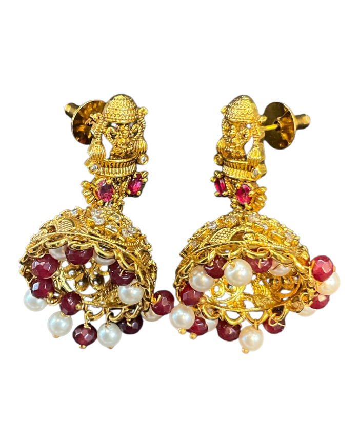Maroon - Medium - Antique Gold Finish Traditional Earrings - Bollywood - Weddings - AE2611 P