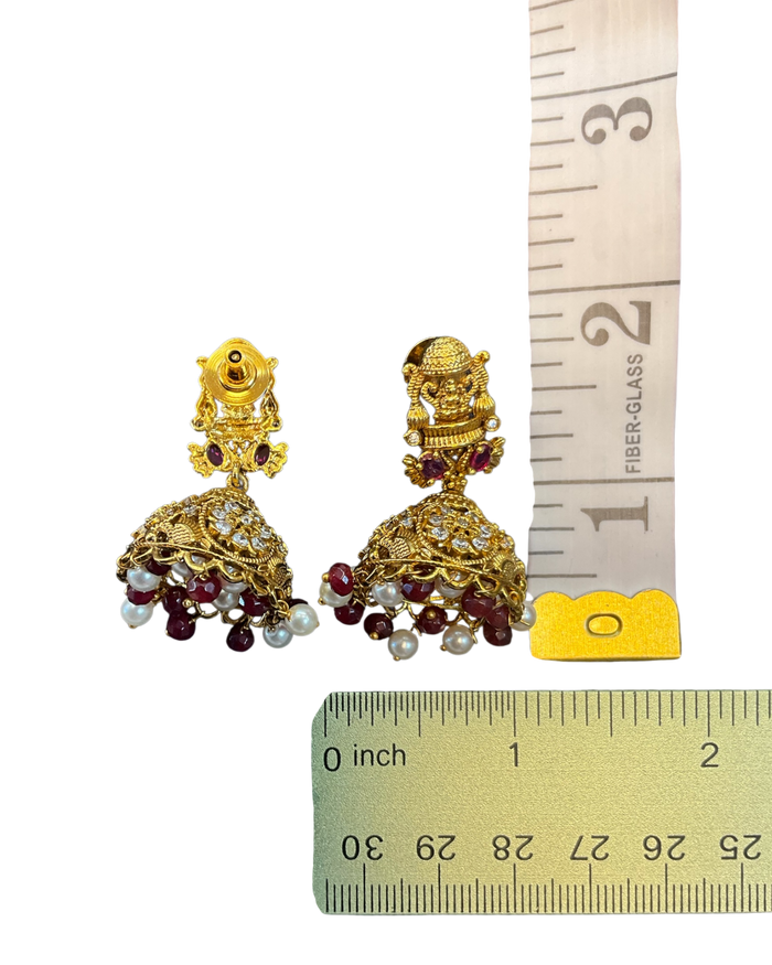 Maroon - Medium - Antique Gold Finish Traditional Earrings - Bollywood - Weddings - AE2611 P