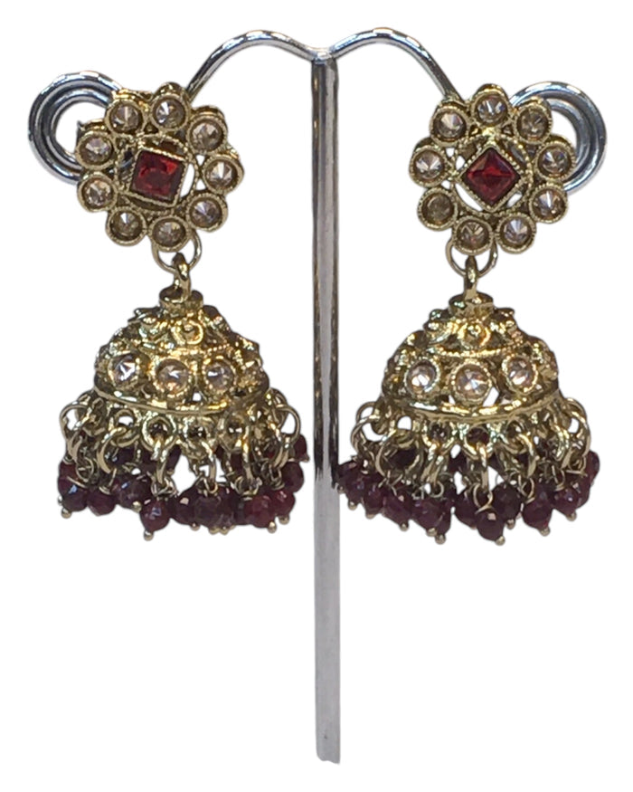 Maroon - Medium Size Antique Gold Finish Necklace Set with Earrings - PRI1786  11H24