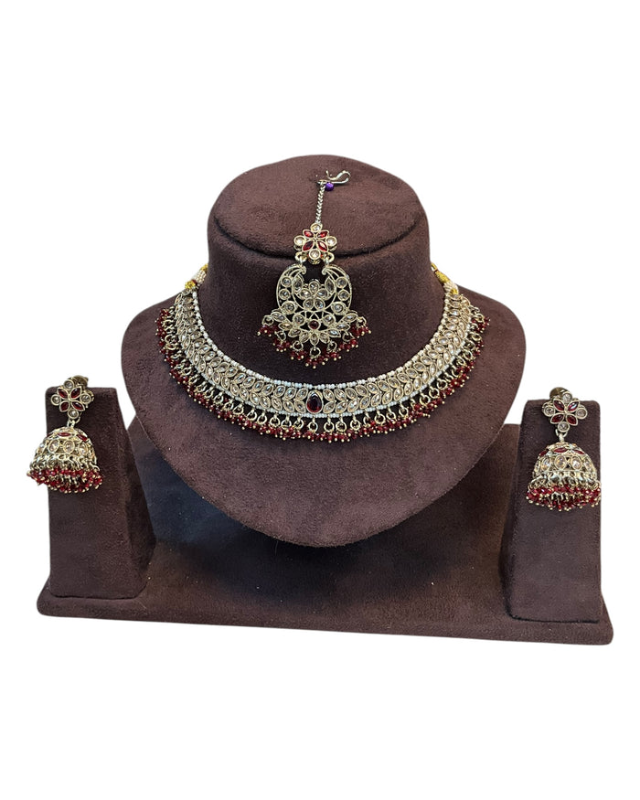 Maroon - Medium Size Antique Gold Finish Necklace Set with Earrings & Tika Head piece - GGA05  KV 0525