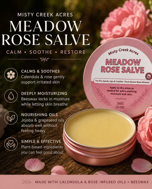 Meadow Rose Salve container with pink lid on a wooden surface