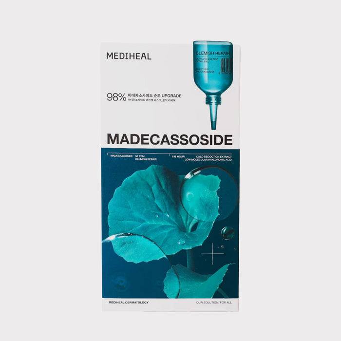The Mediheal Madecassoside Essential Mask (new updated packaging) is a vegan, bamboo-derived sheet mask designed to soothe and repair sensitive, acne-prone, or troubled skin. Featuring a "Cica Active 3x" formula with 98% pure madecassoside and Centella Asiatica, it works to calm redness, fade blemishes, and strengthen the skin's moisture barrier.