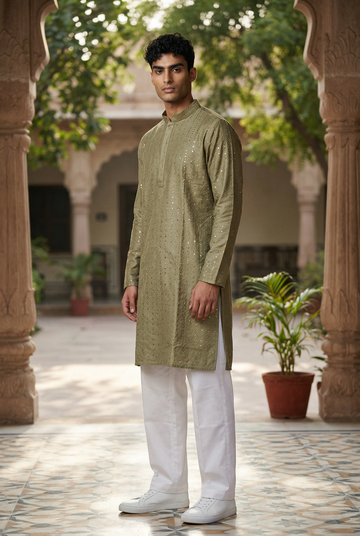 Mehndi Green -Linen Sequins Mens Indian Kurta Set - Weddings / Walimas , Sangeet, Eid, Mehndi / Henna - KCS1287 TY 0225