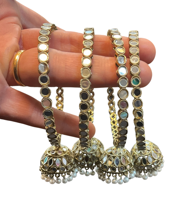 Mirror Work Zhumki Dangle - Antique Gold Finish Bangles Set (Set of 4) - UK stock - SM, M, L, XL AE2602 06P26